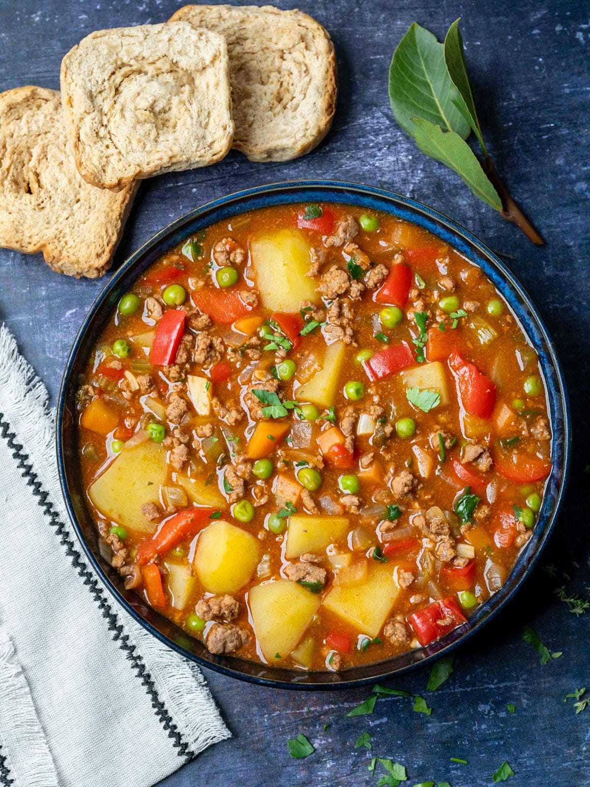 blue bowl with a ground beef stew and bread