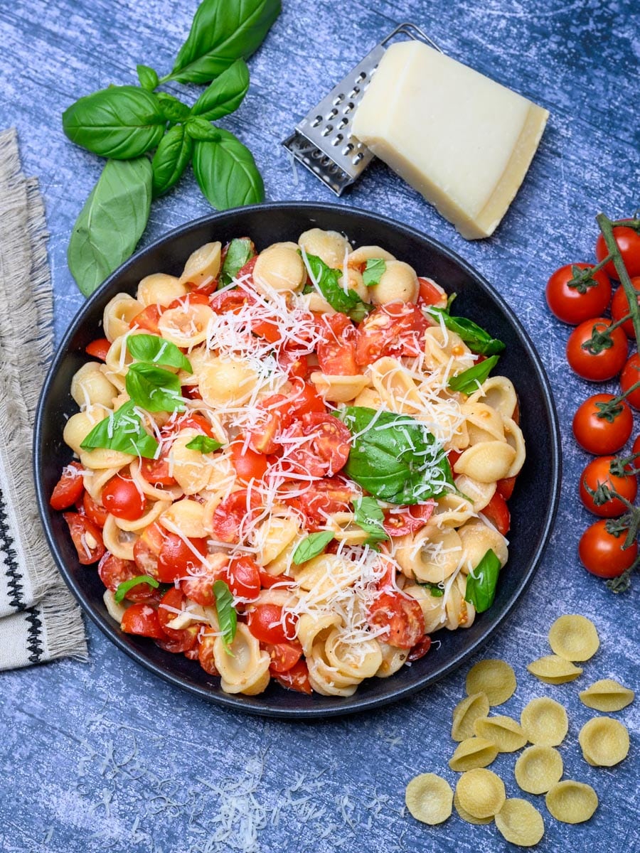 fresh tomato basil pasta with orecchiette