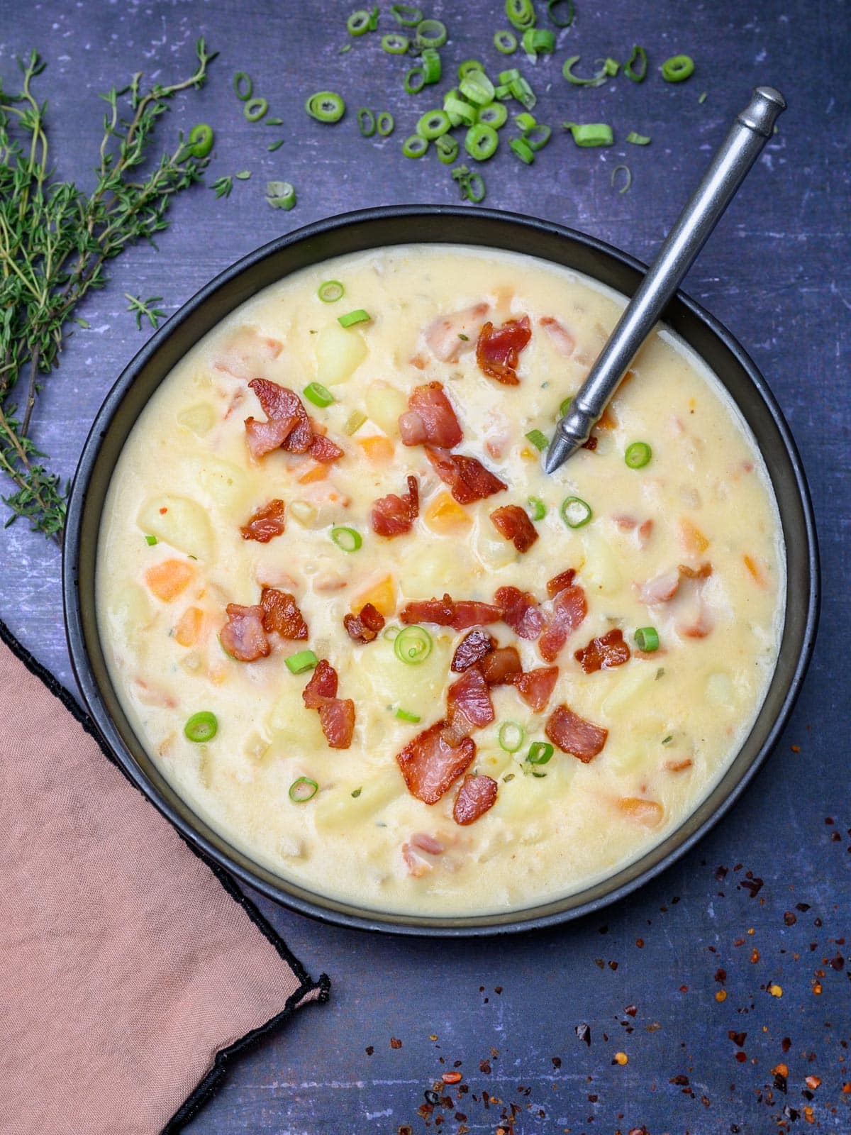 bacon potato soup with thyme on the side