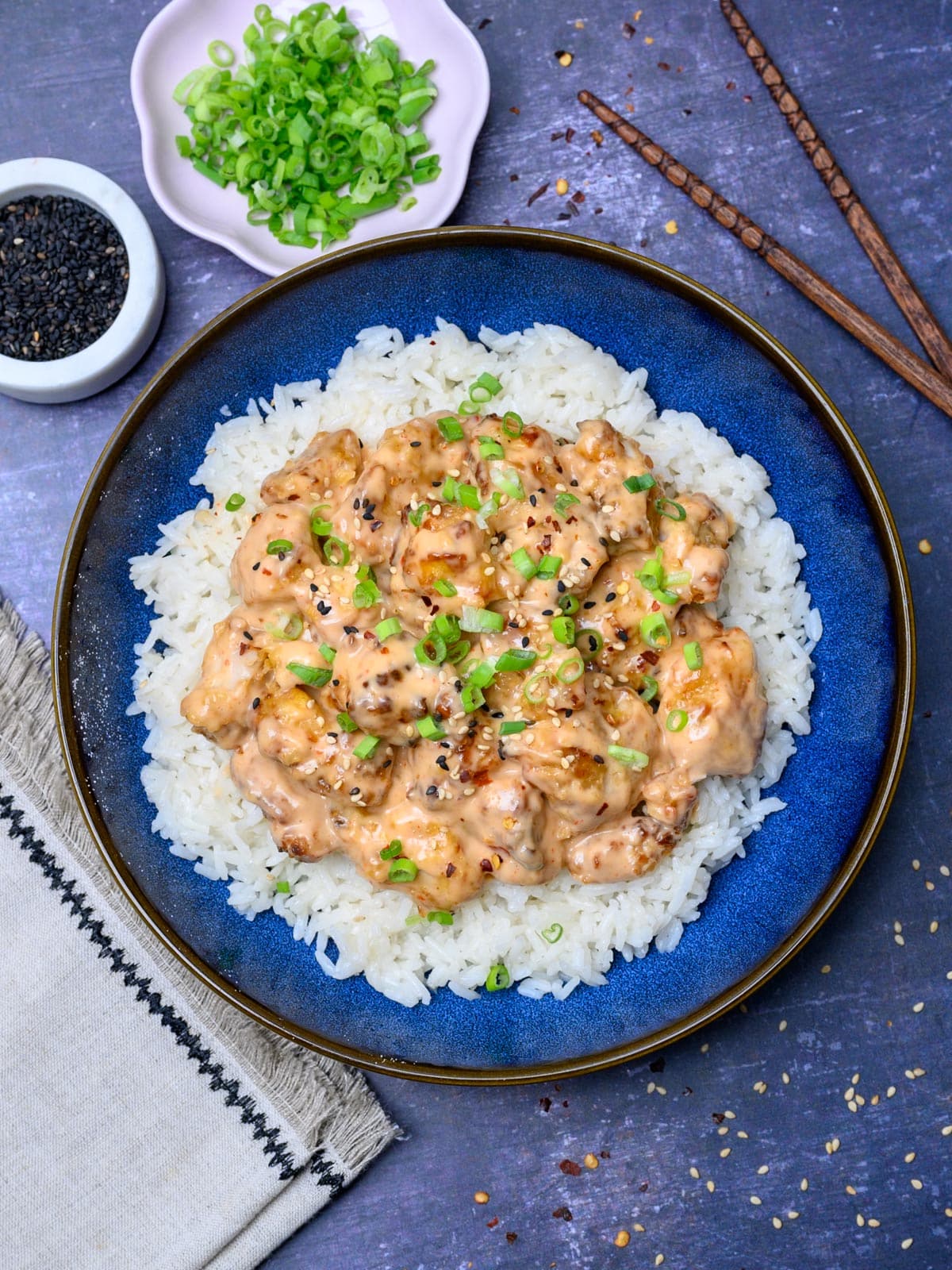 bang bang chicken with rice and chili flakes