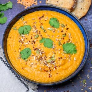 a blue bowl of soup