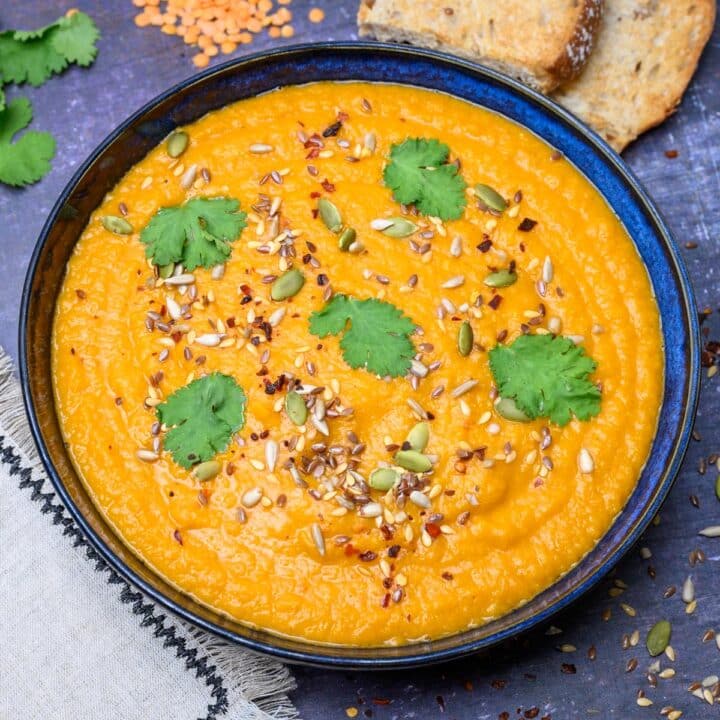 a blue bowl of soup